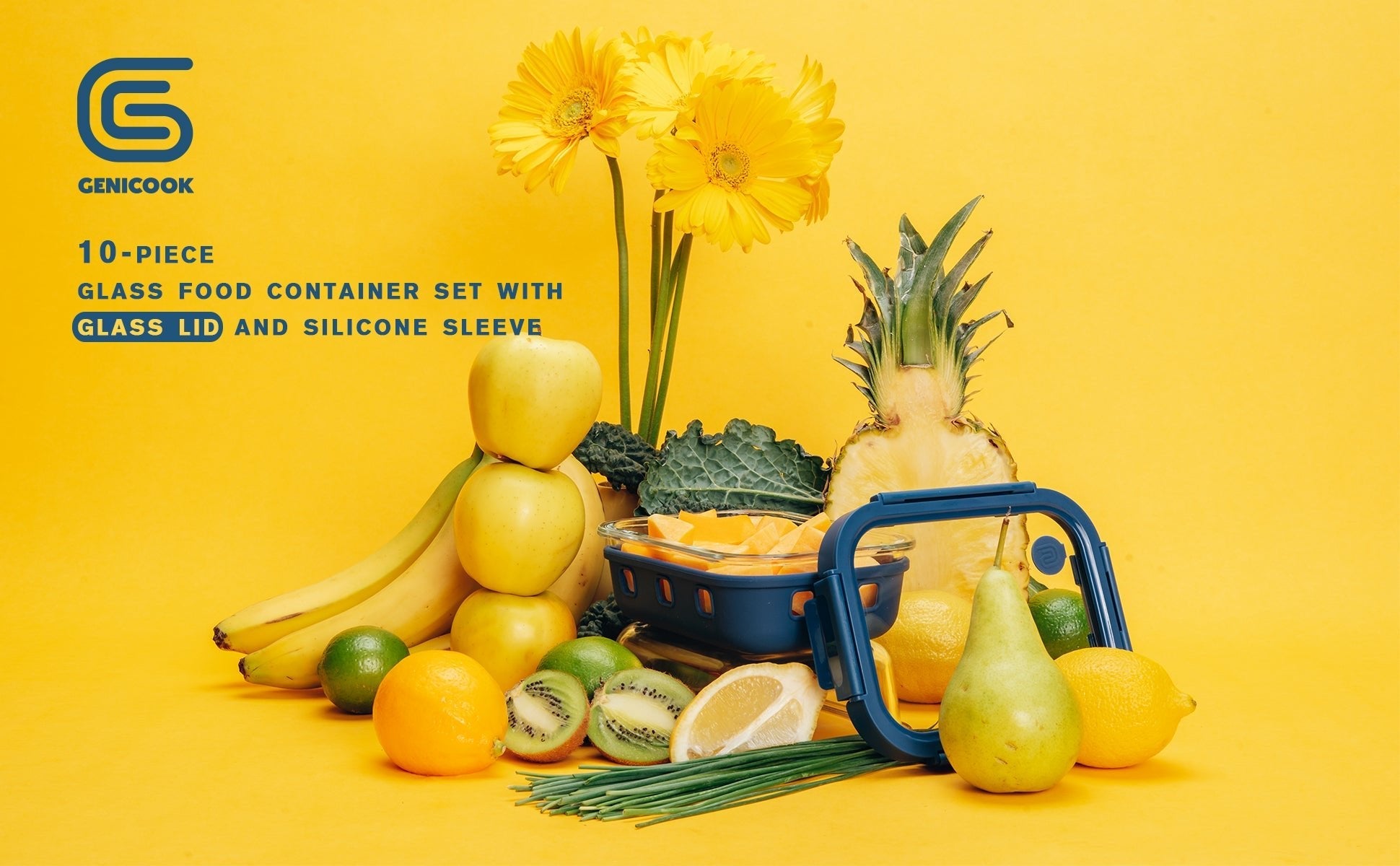 Glass food container set with fruits and vegetables on a yellow background, featuring Genicook branding.