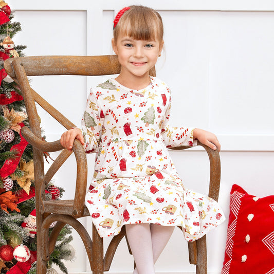 Girlsโ Christmas Dress โ Bamboo Holiday Tiered Twirl Dress - Noel
