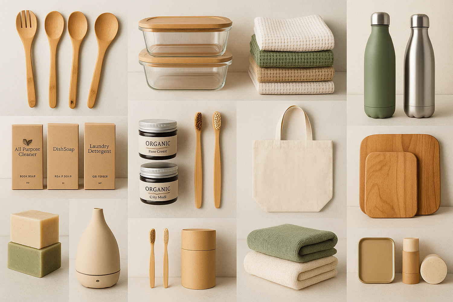 a collage of eco friendly kitchen, houselhold, personal and wellness products to use on the front page of the store